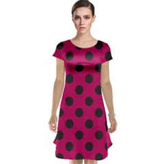 Polka Dots Black On Peacock Pink Cap Sleeve Nightdress by FashionBoulevard