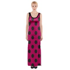 Polka Dots Black On Peacock Pink Thigh Split Maxi Dress by FashionBoulevard