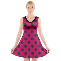 Polka Dots Black On Peacock Pink V-neck Sleeveless Dress by FashionBoulevard