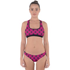 Polka Dots Black On Peacock Pink Cross Back Hipster Bikini Set by FashionBoulevard