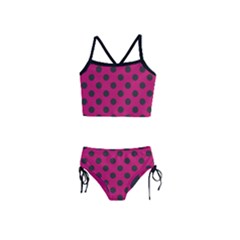 Polka Dots Black On Peacock Pink Girls  Tankini Swimsuit