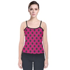 Polka Dots Black On Peacock Pink Velvet Spaghetti Strap Top by FashionBoulevard