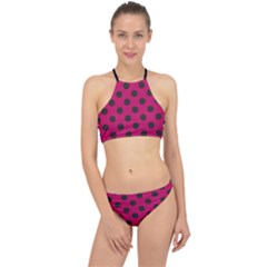 Polka Dots Black On Peacock Pink Racer Front Bikini Set by FashionBoulevard