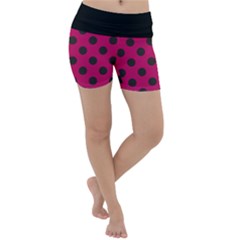 Polka Dots Black On Peacock Pink Lightweight Velour Yoga Shorts by FashionBoulevard