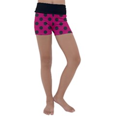 Polka Dots Black On Peacock Pink Kids  Lightweight Velour Yoga Shorts by FashionBoulevard