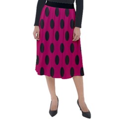 Polka Dots Black On Peacock Pink Classic Velour Midi Skirt  by FashionBoulevard