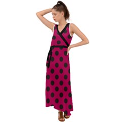 Polka Dots Black On Peacock Pink V-neck Chiffon Maxi Dress