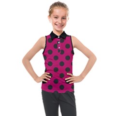 Polka Dots Black On Peacock Pink Kids  Sleeveless Polo Tee