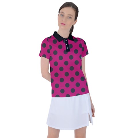 Polka Dots Black On Peacock Pink Women s Polo Tee by FashionBoulevard