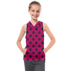 Polka Dots Black On Peacock Pink Kids  Sleeveless Hoodie