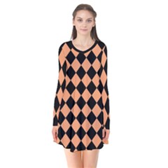 Block Fiesta Black And Cantaloupe Orange Long Sleeve V-neck Flare Dress by FashionBoulevard