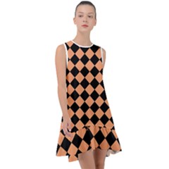 Block Fiesta Black And Cantaloupe Orange Frill Swing Dress by FashionBoulevard