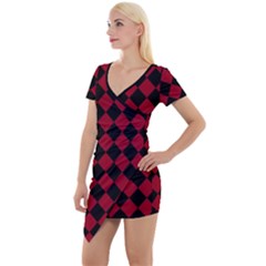 Block Fiesta Black And Carmine Red  Short Sleeve Asymmetric Mini Dress by FashionBoulevard