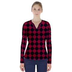 Block Fiesta Black And Carmine Red  V-neck Long Sleeve Top by FashionBoulevard