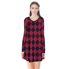 Block Fiesta Black And Carmine Red  Long Sleeve V-neck Flare Dress by FashionBoulevard