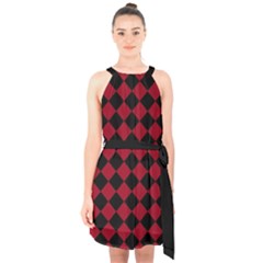 Block Fiesta Black And Carmine Red  Halter Collar Waist Tie Chiffon Dress by FashionBoulevard