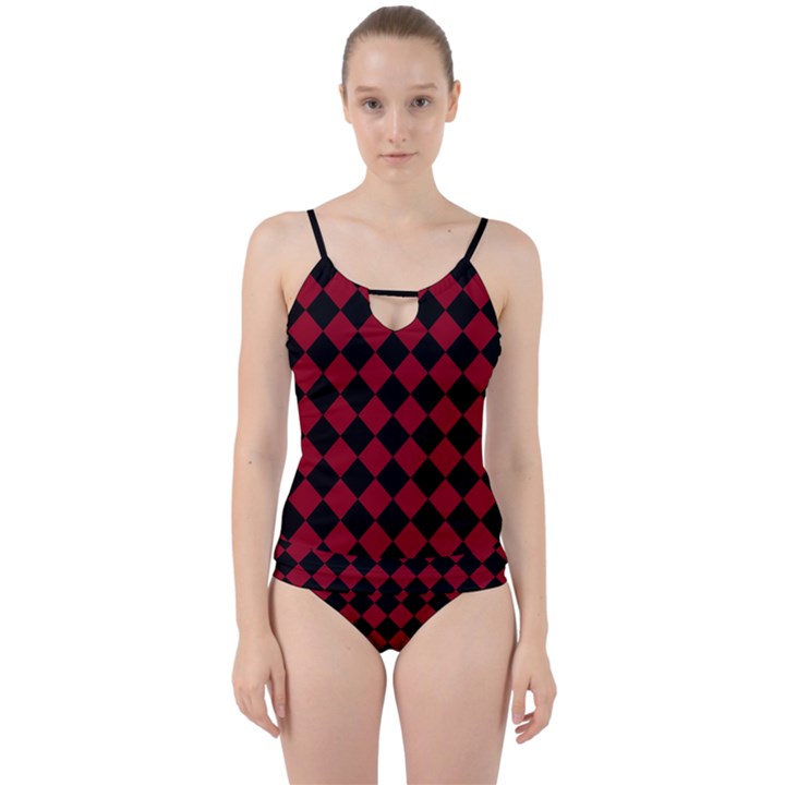 Block Fiesta Black And Carmine Red  Cut Out Top Tankini Set