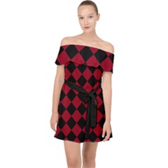 Block Fiesta Black And Carmine Red  Off Shoulder Chiffon Dress by FashionBoulevard