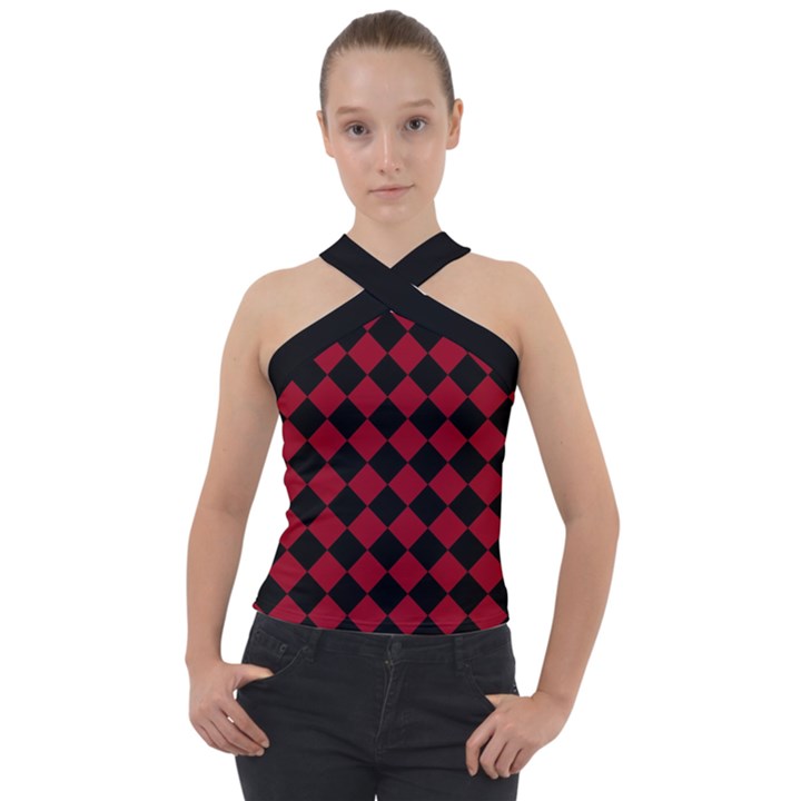 Block Fiesta Black And Carmine Red  Cross Neck Velour Top