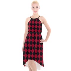 Block Fiesta Black And Carmine Red  High-low Halter Chiffon Dress  by FashionBoulevard