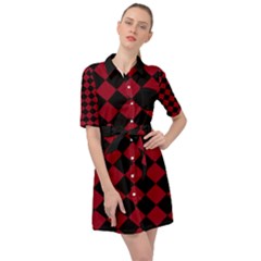 Block Fiesta Black And Carmine Red  Belted Shirt Dress by FashionBoulevard