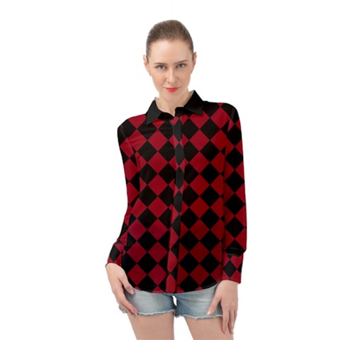 Block Fiesta Black And Carmine Red  Long Sleeve Chiffon Shirt by FashionBoulevard