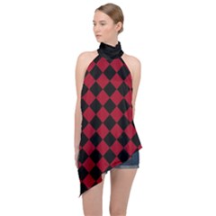 Block Fiesta Black And Carmine Red  Halter Asymmetric Satin Top by FashionBoulevard