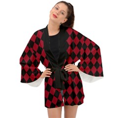 Block Fiesta Black And Carmine Red  Long Sleeve Kimono by FashionBoulevard