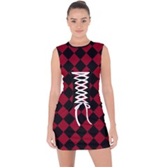 Block Fiesta Black And Carmine Red  Lace Up Front Bodycon Dress by FashionBoulevard