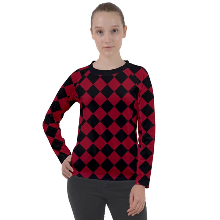 Block Fiesta Black And Carmine Red  Women s Long Sleeve Raglan Tee