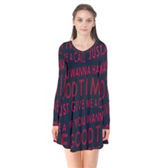 Motivational Phrase Motif Typographic Collage Pattern Long Sleeve V-neck Flare Dress by dflcprintsclothing