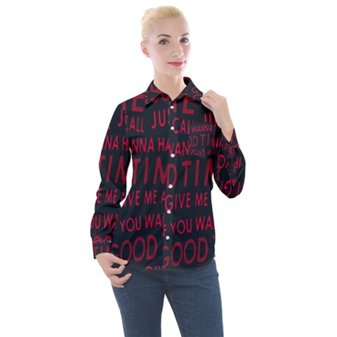 Motivational Phrase Motif Typographic Collage Pattern Women s Long Sleeve Pocket Shirt by dflcprintsclothing