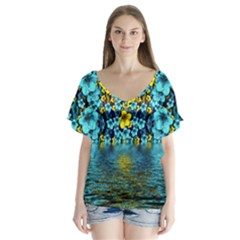 Flower Island And A Horizon V-neck Flutter Sleeve Top by pepitasart