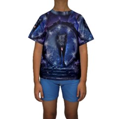 Awesome Wolf In The Gate Kids  Short Sleeve Swimwear by FantasyWorld7