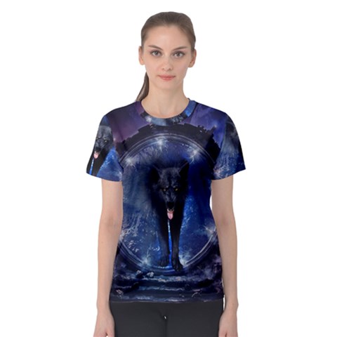 Awesome Wolf In The Gate Women s Sport Mesh Tee by FantasyWorld7