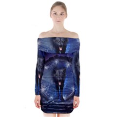 Awesome Wolf In The Gate Long Sleeve Off Shoulder Dress by FantasyWorld7