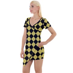 Block Fiesta Black And Ceylon Yellow Short Sleeve Asymmetric Mini Dress by FashionBoulevard