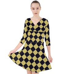 Block Fiesta Black And Ceylon Yellow Quarter Sleeve Front Wrap Dress by FashionBoulevard