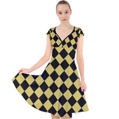 Block Fiesta Black And Ceylon Yellow Cap Sleeve Front Wrap Midi Dress by FashionBoulevard