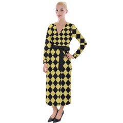 Block Fiesta Black And Ceylon Yellow Velvet Maxi Wrap Dress by FashionBoulevard