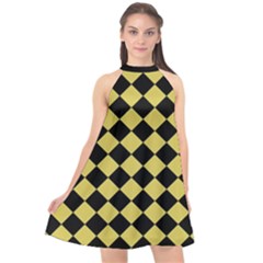 Block Fiesta Black And Ceylon Yellow Halter Neckline Chiffon Dress  by FashionBoulevard