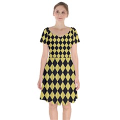 Block Fiesta Black And Ceylon Yellow Short Sleeve Bardot Dress by FashionBoulevard