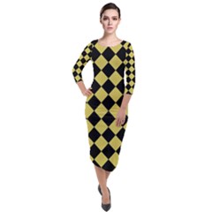 Block Fiesta Black And Ceylon Yellow Quarter Sleeve Midi Velour Bodycon Dress by FashionBoulevard