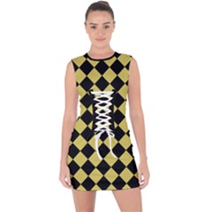 Block Fiesta Black And Ceylon Yellow Lace Up Front Bodycon Dress by FashionBoulevard