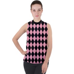 Block Fiesta Black And Flamingo Pink Mock Neck Chiffon Sleeveless Top by FashionBoulevard