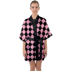 Block Fiesta Black And Flamingo Pink Half Sleeve Satin Kimono  by FashionBoulevard