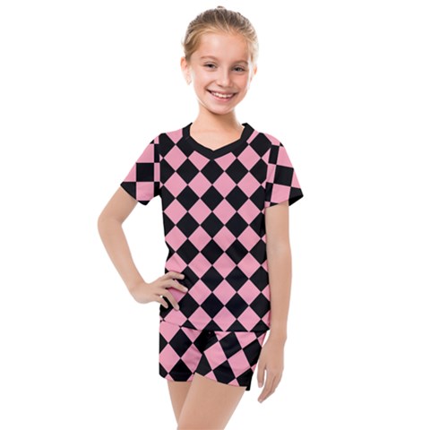 Block Fiesta Black And Flamingo Pink Kids  Mesh Tee And Shorts Set by FashionBoulevard