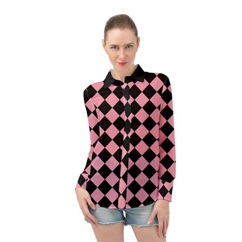 Block Fiesta Black And Flamingo Pink Long Sleeve Chiffon Shirt by FashionBoulevard