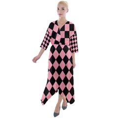 Block Fiesta Black And Flamingo Pink Quarter Sleeve Wrap Front Maxi Dress