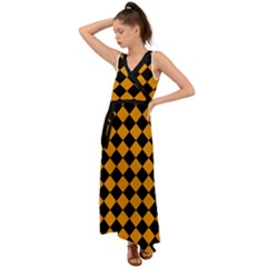 Block Fiesta Black And Honey Orange V-neck Chiffon Maxi Dress by FashionBoulevard